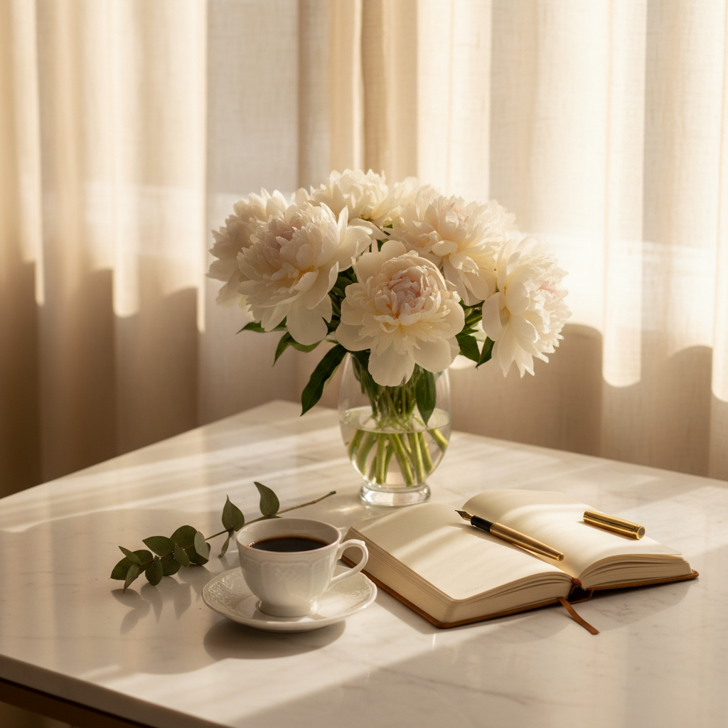 Manhã de liberdade — café, flores e tempo